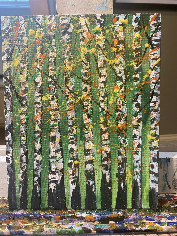 paintings on canvas original 8/10, Small,gift, Abstract Birch Trees,forest-image