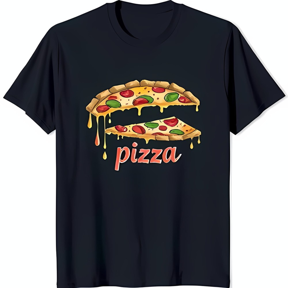 Cool Black T-Shirt with Dripping Cheese Pizza Graphic & Bold 'Pizza' Text