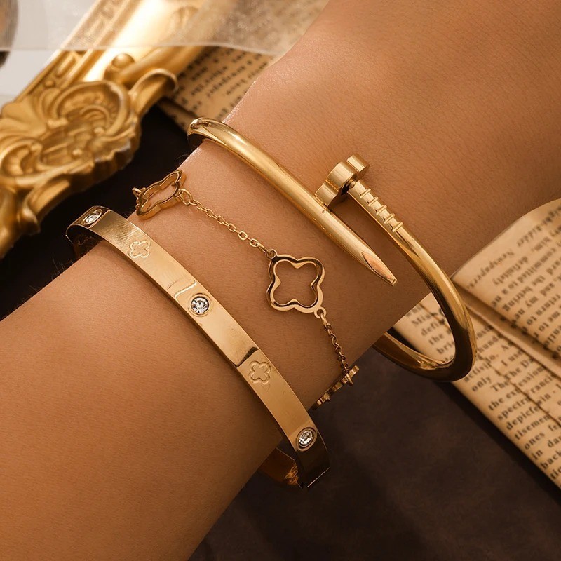 French Lucky Clover Bracelet Set Women/Girls Gold/Silver Charm Jewelry Gift