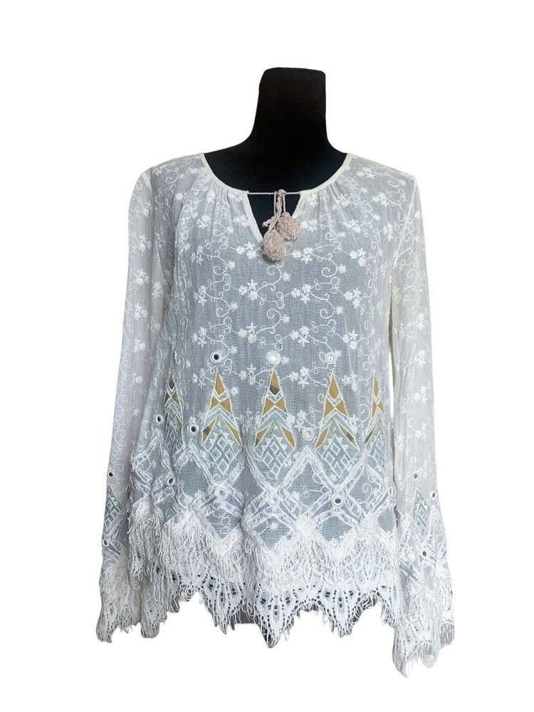 Elie Tahari Size M Ivory Boho Embroidered Lace Floral Long Sleeve Blouse Keyhole