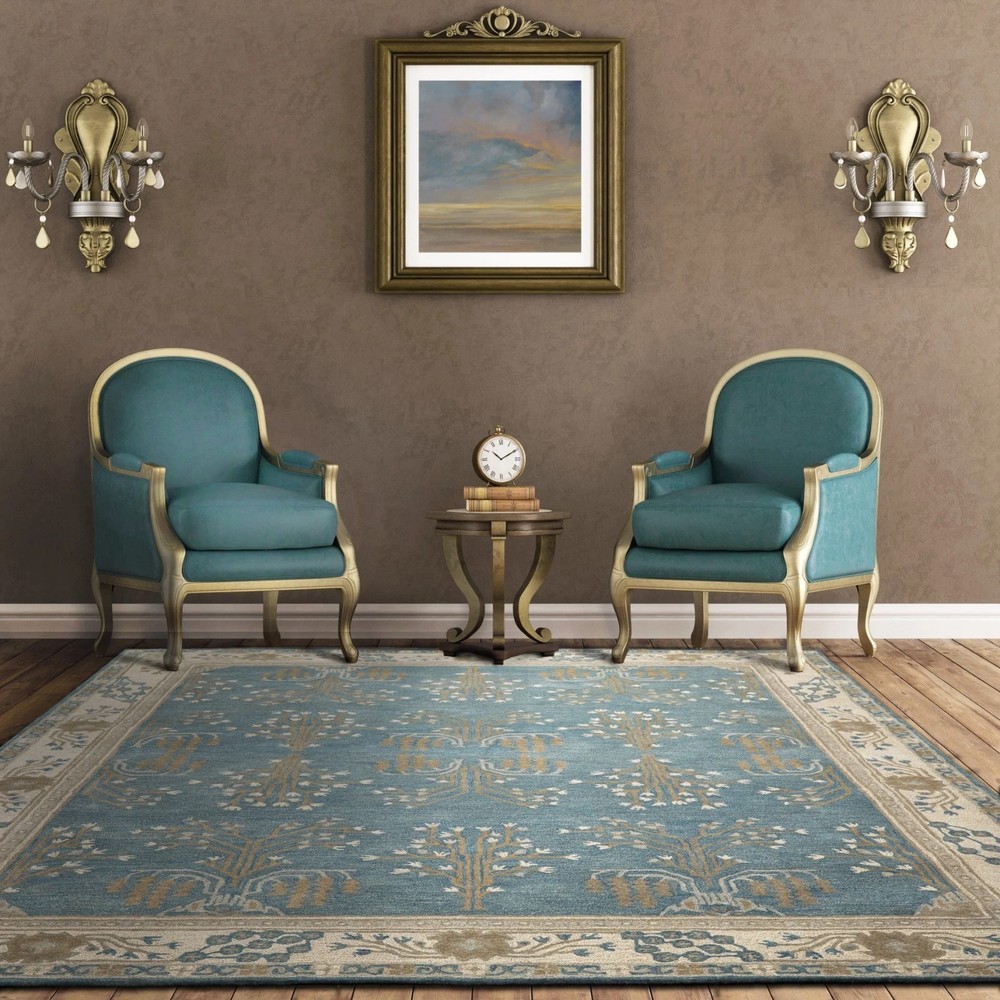 Hand Tufted Traditional Arts & Crafts Multi Size Aqua Wool Rug