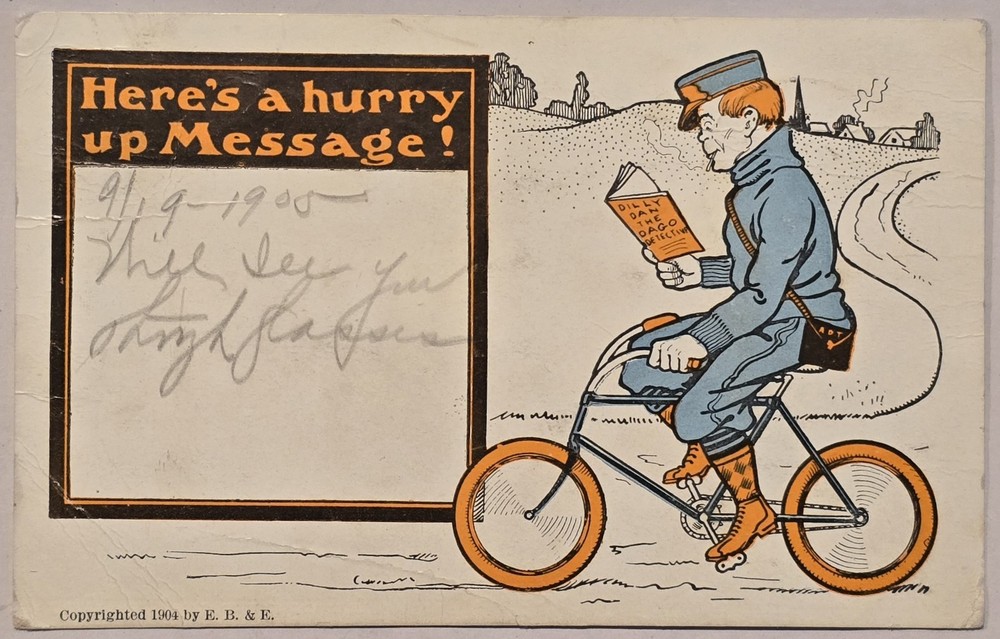 Vintage Postcard 1905 Here's A Hurry Up Message Man On Bicycle