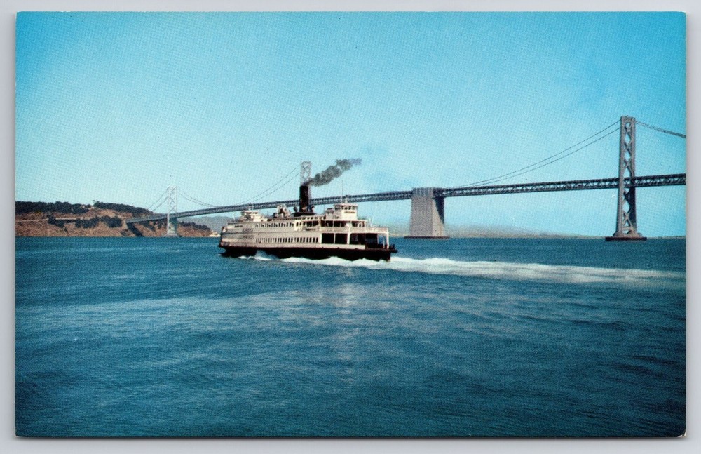 Vintage San Francisco Bay Ferry Boat & Bay Bridge Mirro-Krome Postcard