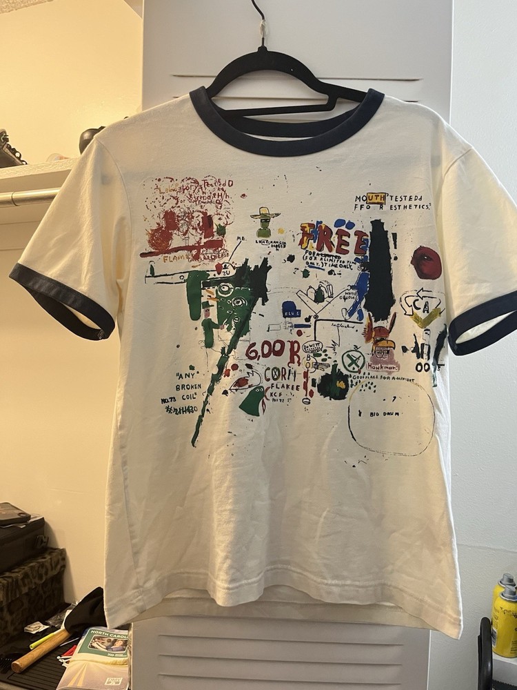 Jean-Michel Basquiat Men's White/Blue Ringer Graphic Print Crew Neck Tee