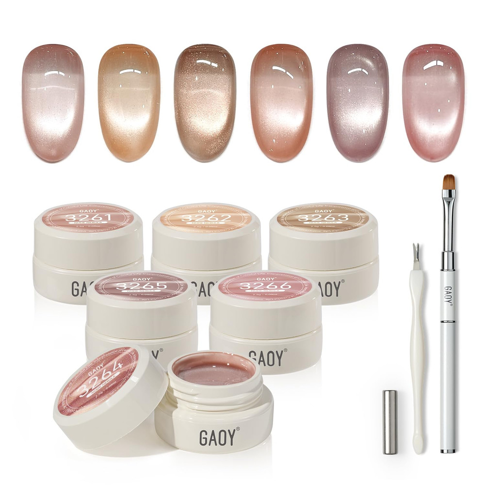 Sheer Nude Cat Eye Gel Nail Polish Set with Magnet, 6 Colors Jelly Pink Purple G