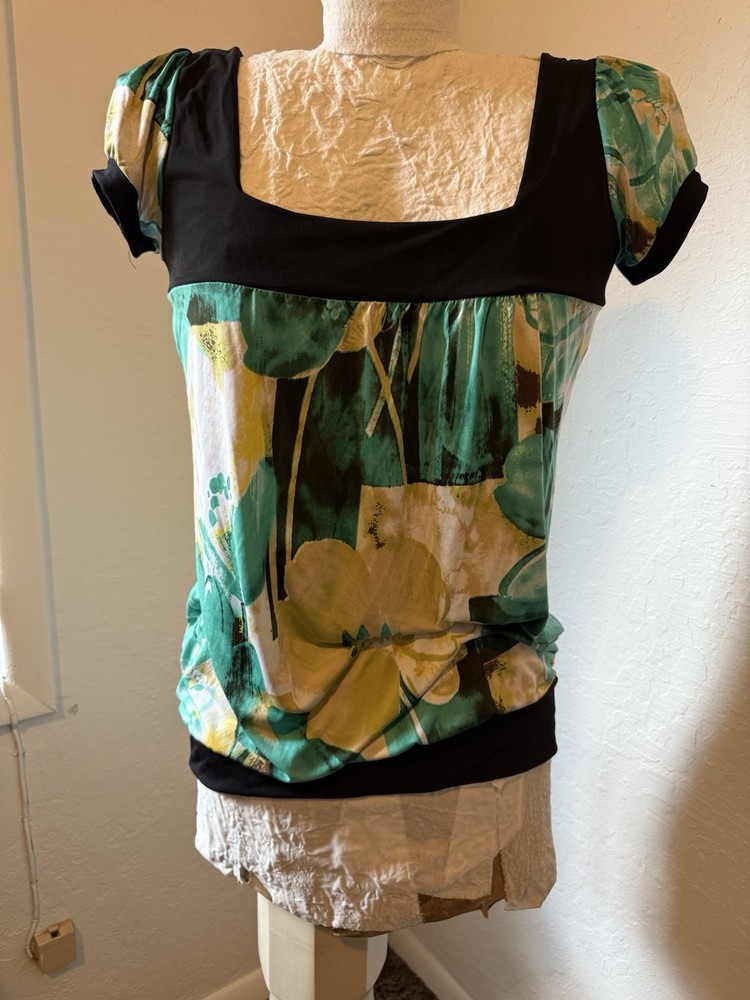 Women's Black Green Yellow Floral Polyester Blend Cap Sleeve Square Neck Top XL