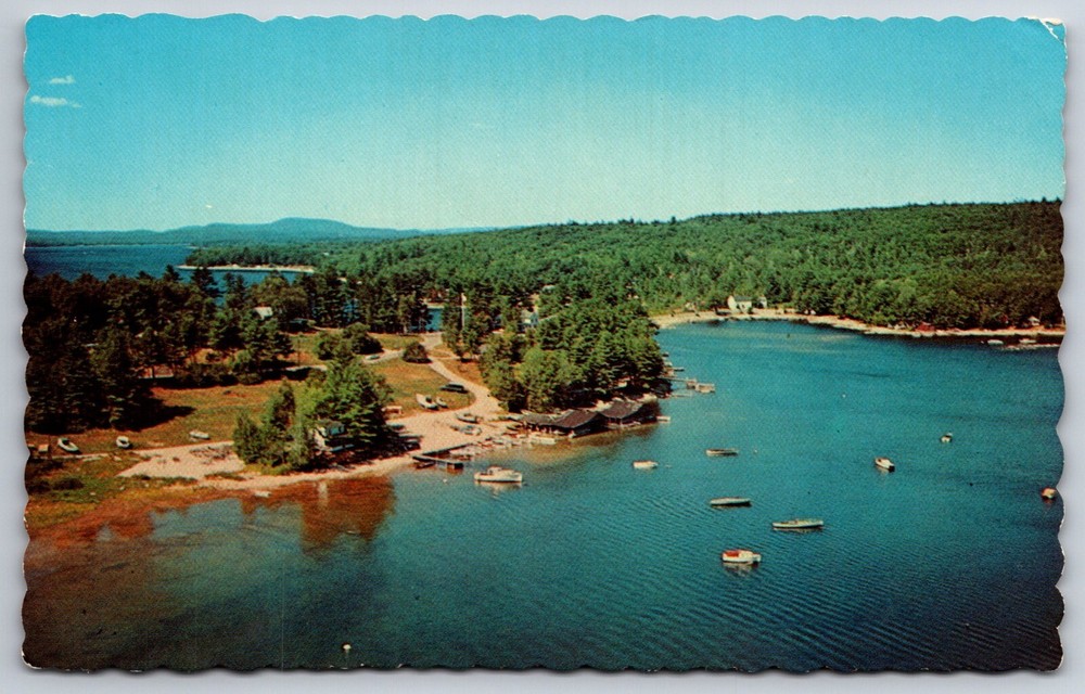 Sebago Lake Maine~Aerial View Photo Of Whites Bridge & Boats~Vintage Postcard