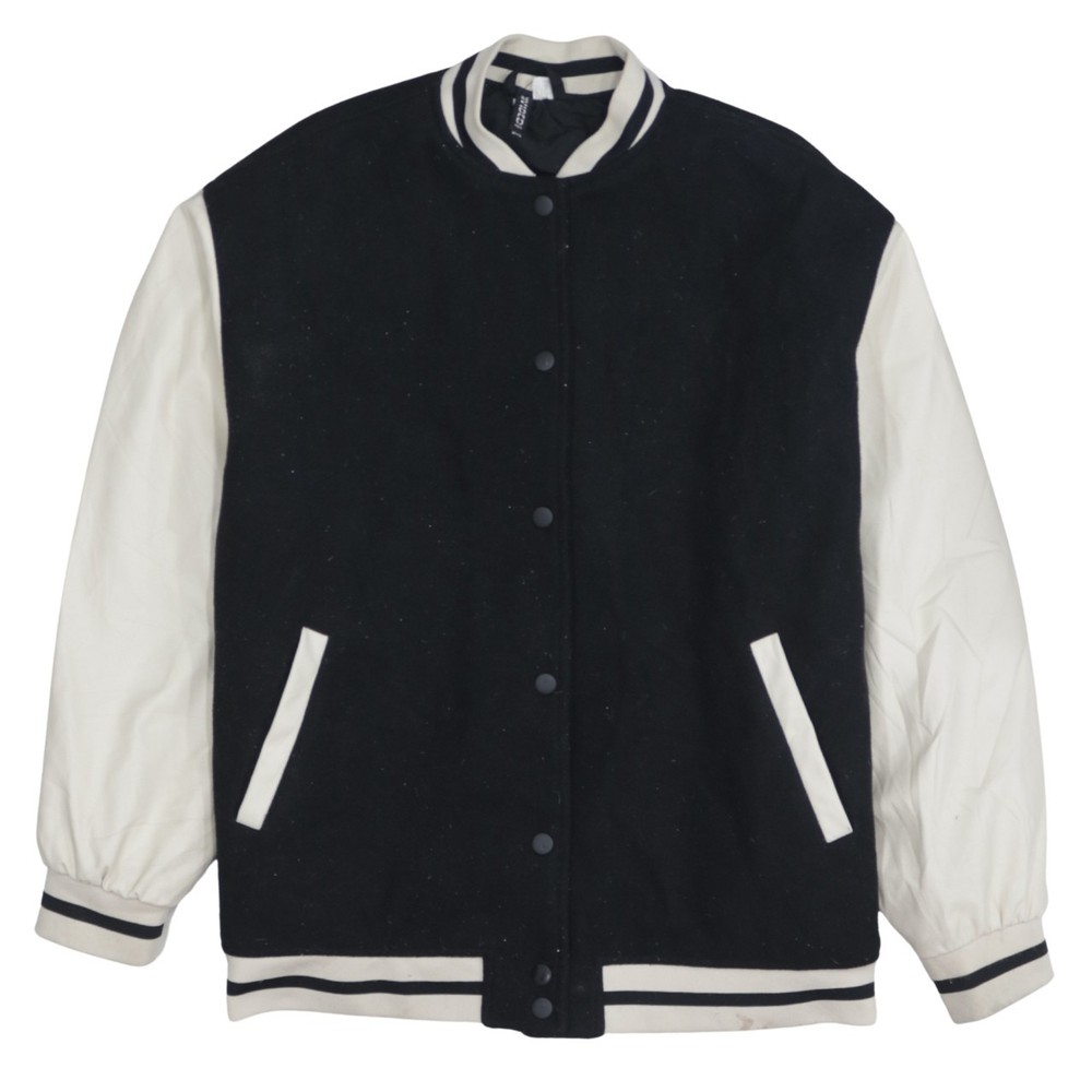 DIVIDCD Mens Varsity Jacket Black Cream Bomber Snap Front Striped Trim Retro S