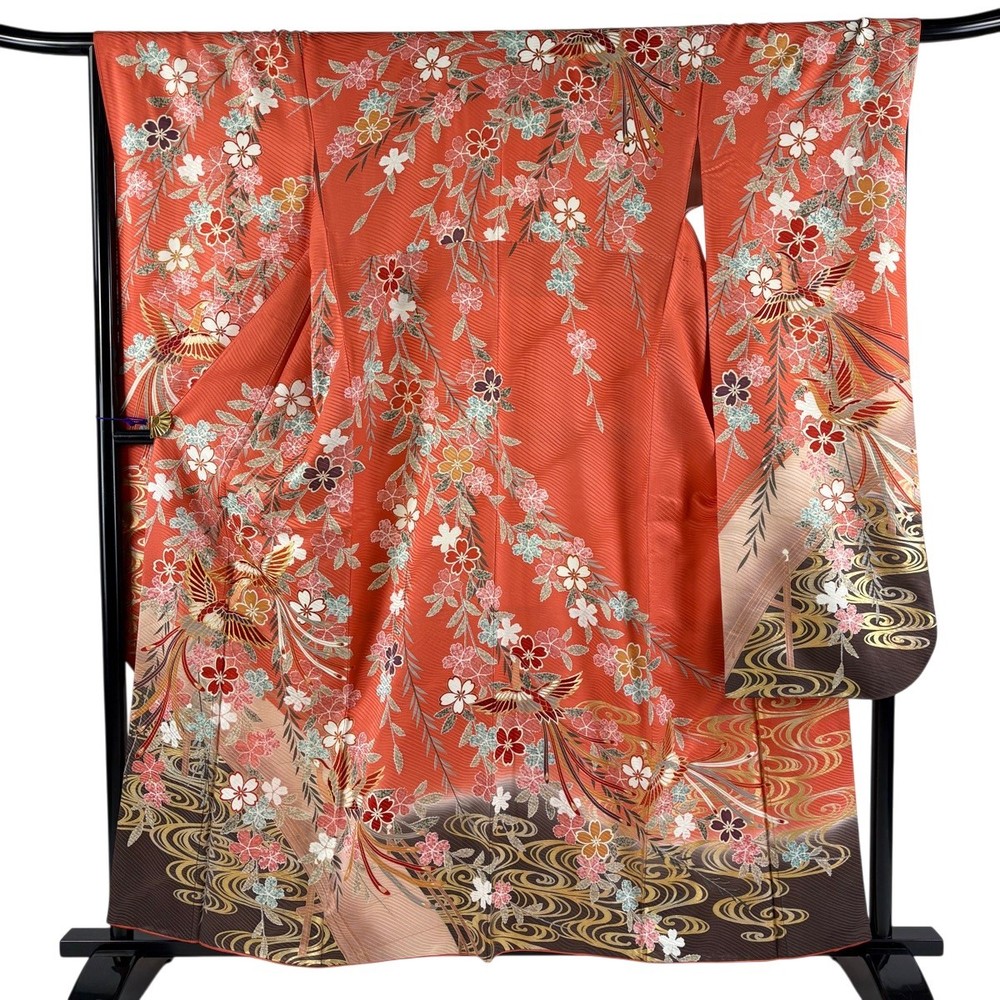 Furisode Kimono L Size Salmon Pink Silk Phoenix Cherry Blossom Used