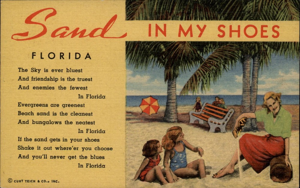 Florida Sand in my Shoes Poem ~ Lady shoe children bench ~ linen postcard
