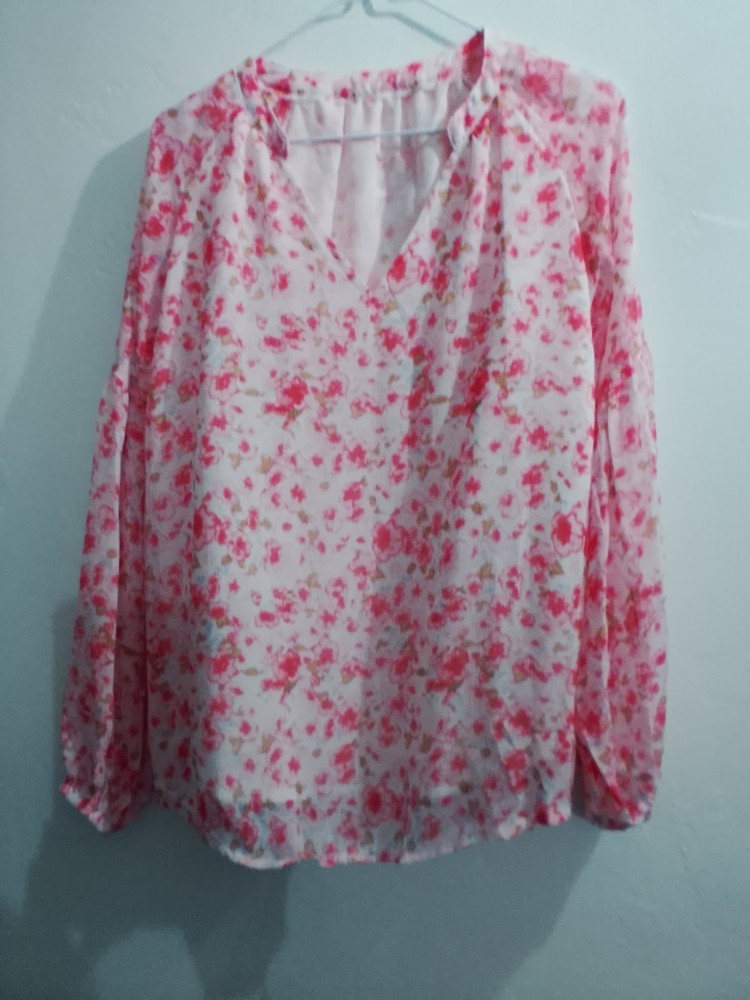 Women's White Pink Floral Chiffon V-Neck Ruffle Pullover Blouse Long Sleeve M