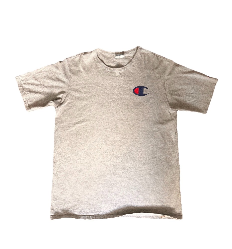 VINTAGE Champion Crew neck Grey T Shirt Men XL Gray Logo Patch 80s 90s