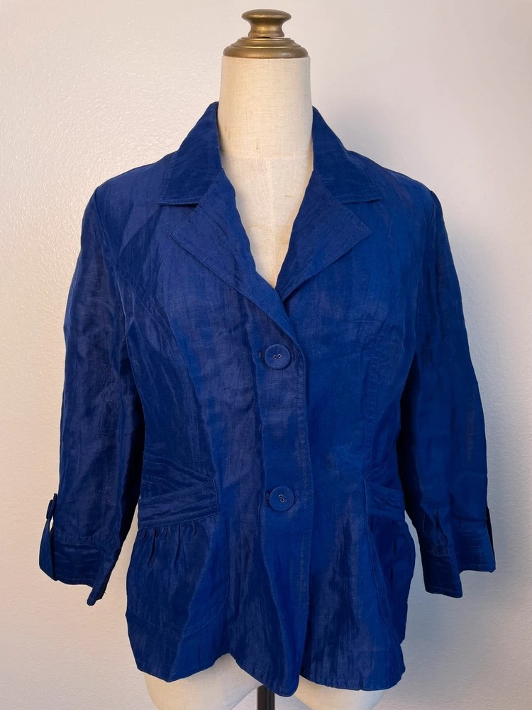 chico linen flax metallic cobalt blue blazer blouse button up women 0 xxs navy
