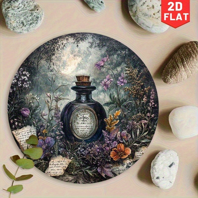 Vintage Botanical Bottle Round Aluminum Wall Art
