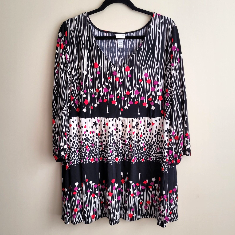 Venezia Womens Blouse Size 18 20 Black with Floral Pattern Abstract Art Stretch-image