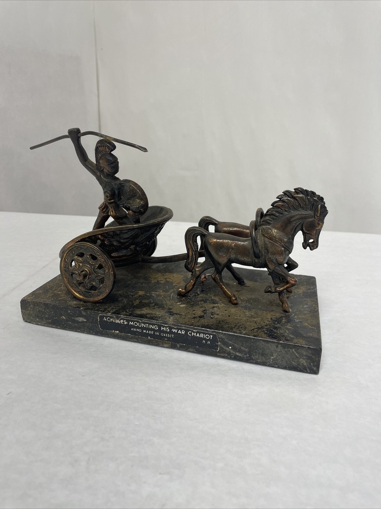 Vintage Bronzed Metal Greek Warrior Statue Achilles on War Chariot-image
