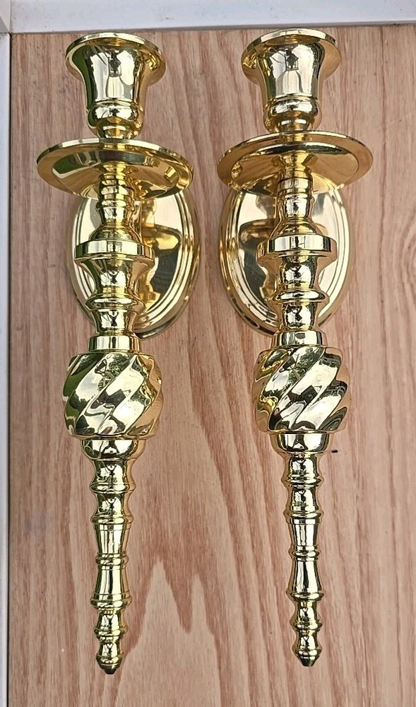 Vintage Solid Brass Pair/Set Wall Sconce Candle Holders Twist Swirl 10