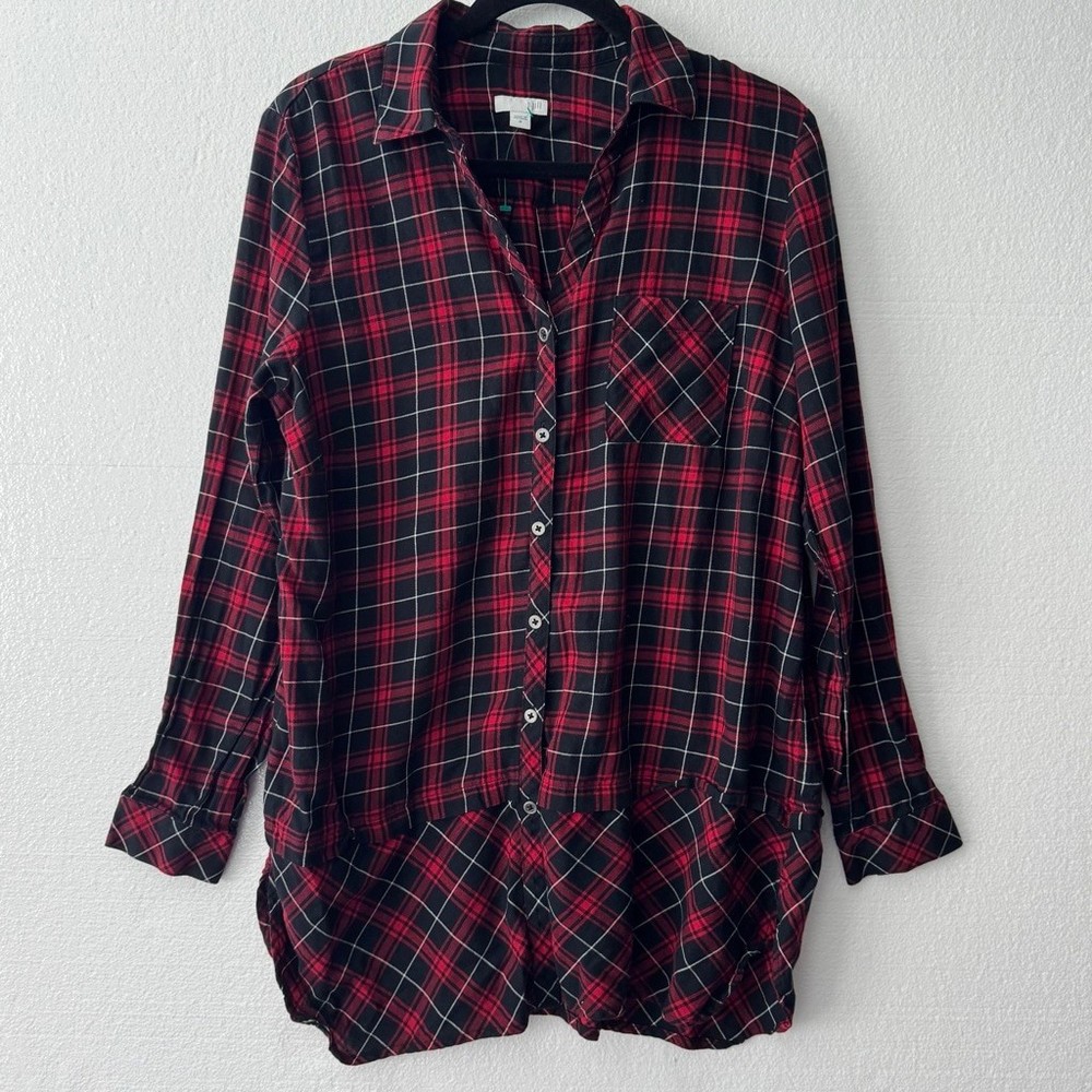 J. Jill Plaid Tunic Button-Down Shirt Size M Red Black