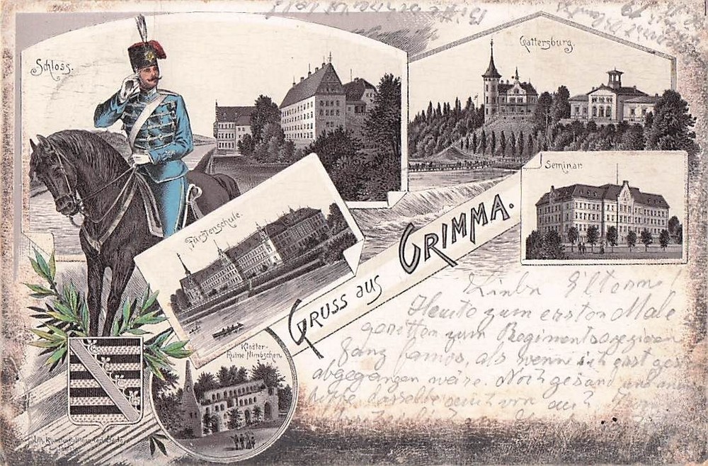Greetings from Grimma Hussars Horsemen, Castle and Gatterburg Saxony Litho Postcard -800408