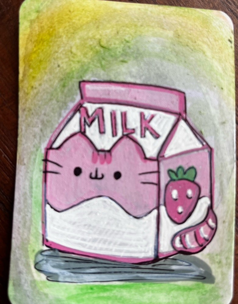 ACEO Original Scented Strawberry Milk Cat painting ACT OOAK Anime Food Art