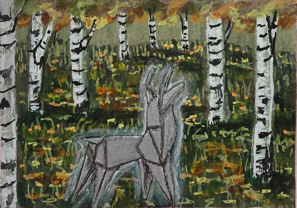 ACEO Original Origami Deer in Birch Forest Acrylic Surrealism Contemporary
