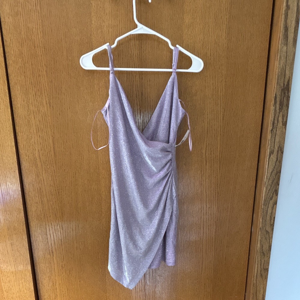 Lulus Purple Metallic Glitter Lurex Ruched Lined V-Neck Mini Dress Size M