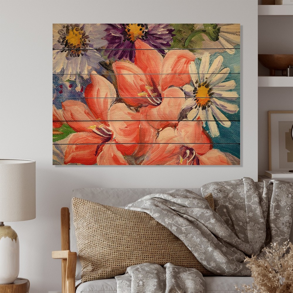 Designart 'Vintage Bouquet Of Blossoming Wildflowers' Traditional Wood Wall Art