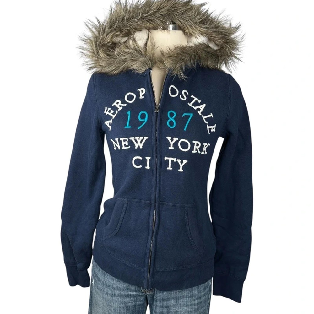 2000s grunge Aeropostale navy embroidered slogan zip up fur hoodie