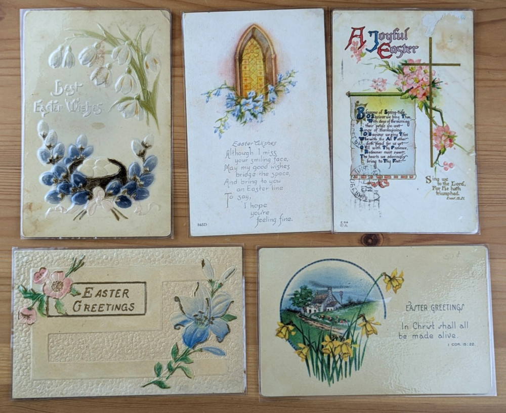 Lot of 5 Antique Embossed Laminated Illustrated Greetings/Easter Postcards