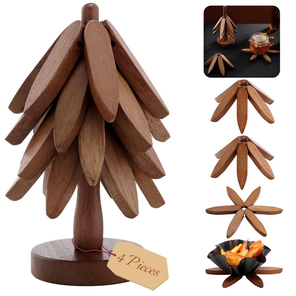 Wooden Tree Coasters with Holder, Wooden Trivets for Hot Dishes Decorative Ch...