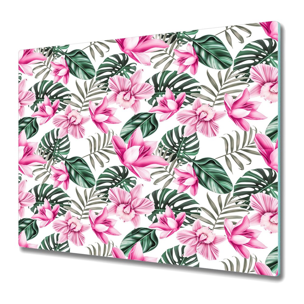 Glass Surface Protector Worktop Saver Garden Pink Flowers and Leaves 60x52