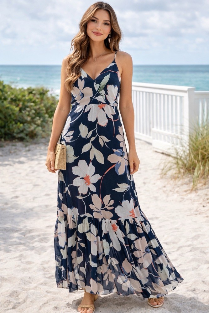 Banana republic Petite Floral  Maxi Dress Woman’s 12 P  Tiered Spaghetti Strap