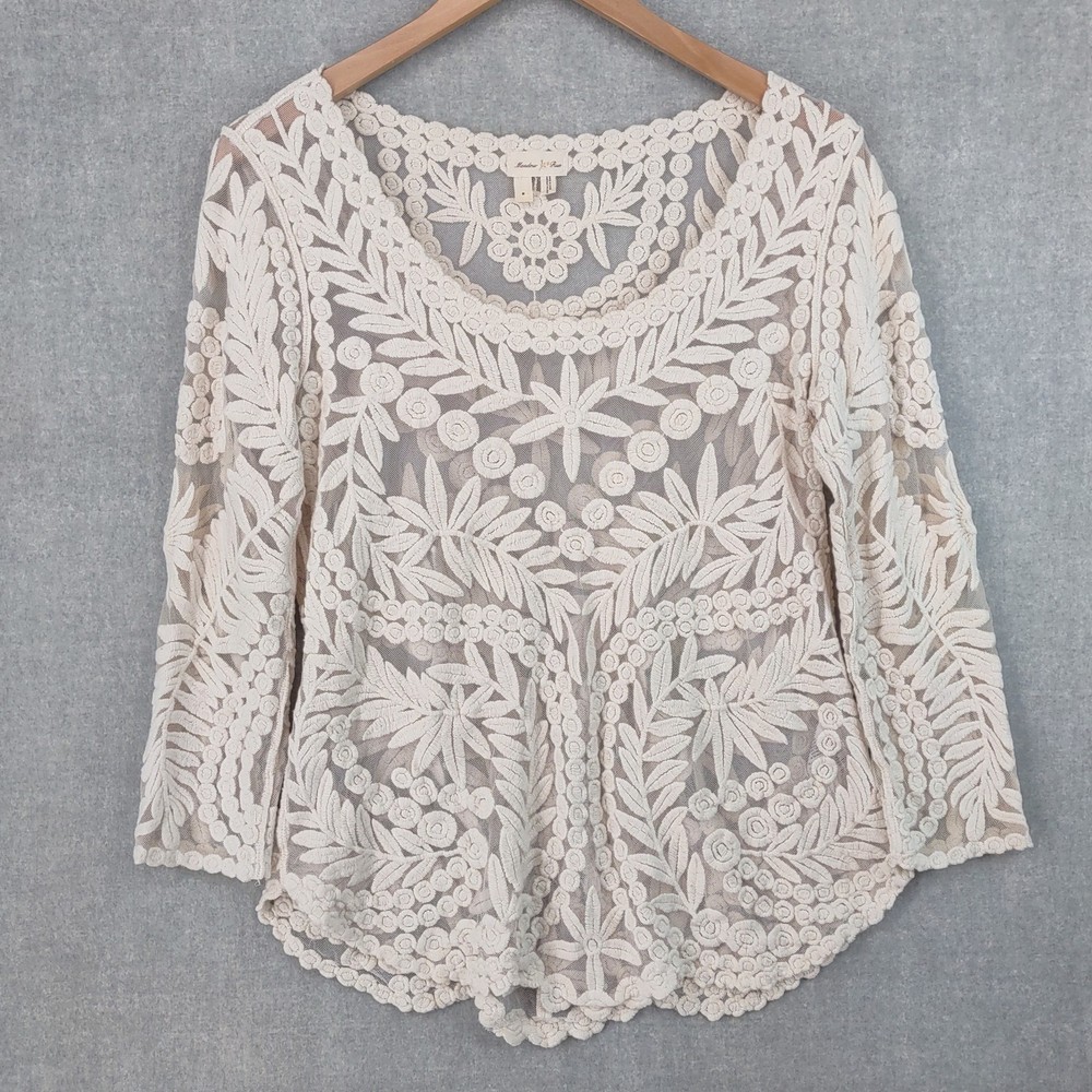 Meadow Rue Anthropologie Top Small Ivory Sheer Broderie Floral Lace Pullover