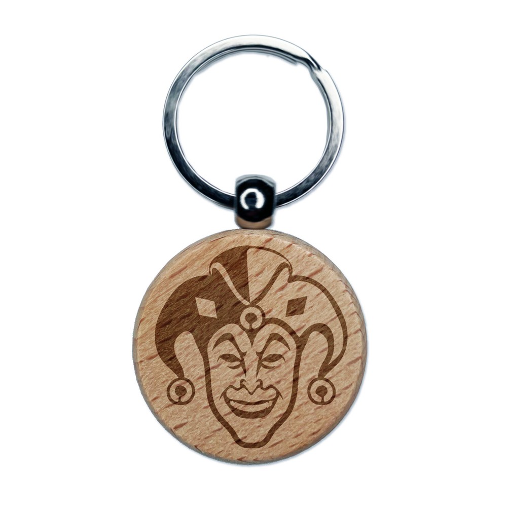 Court Jester Joker Harlequin Engraved Wood Round Keychain Tag Charm
