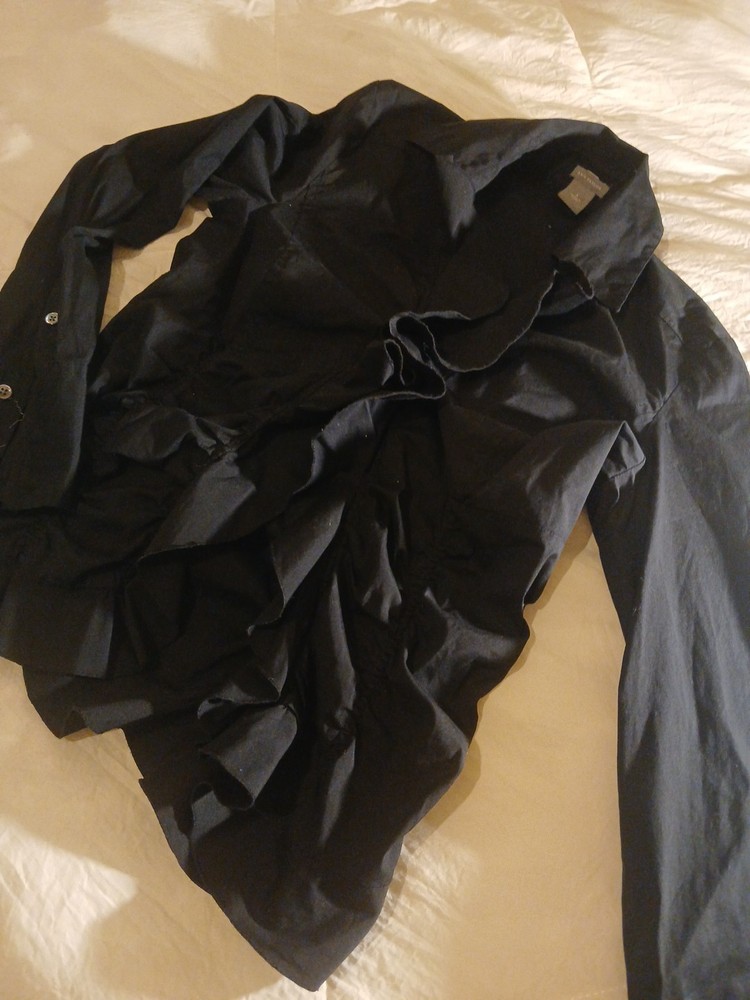 Ann Taylor Size 6 Black Ruffle Neck Long Sleeve Blouse Ruched Waist Gathered