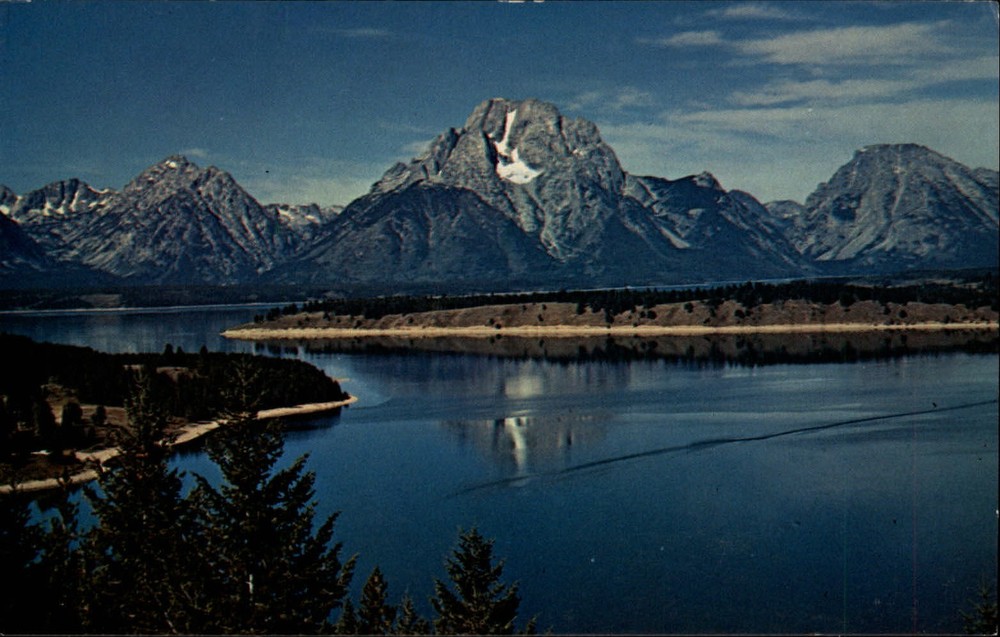Jackson Lake Grand Teton Mountains Wyoming snow capped ~ 1950-60s postcard