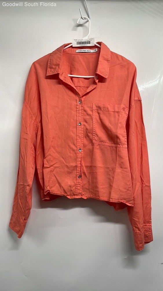 Calvin Klein Womens Orange Long Sleeve Collared Button-Up Shirt Size XL