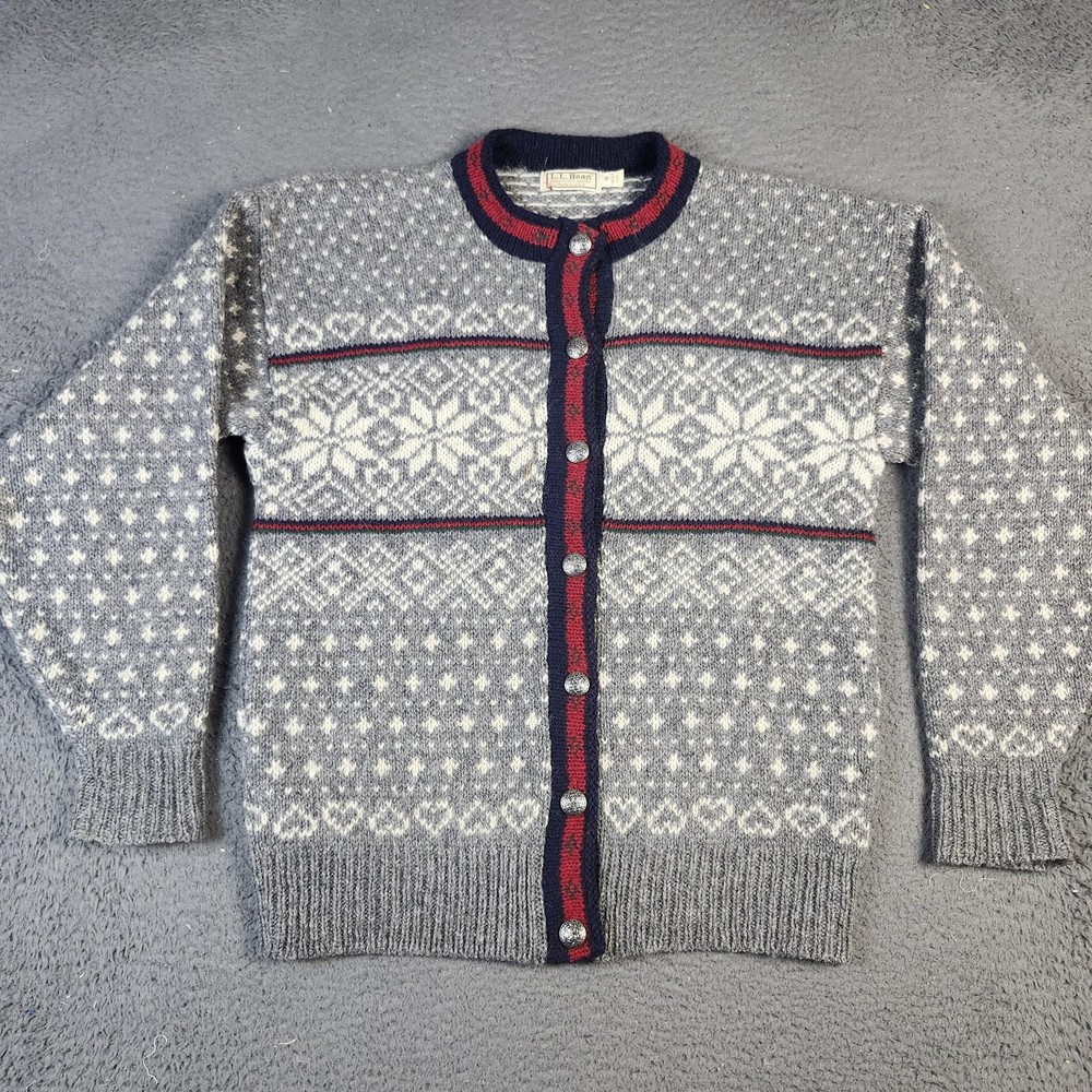 VINTAGE L.L.Bean Sweater Mens Medium Nordic Fair Isle Cardigan Made in USA 90s