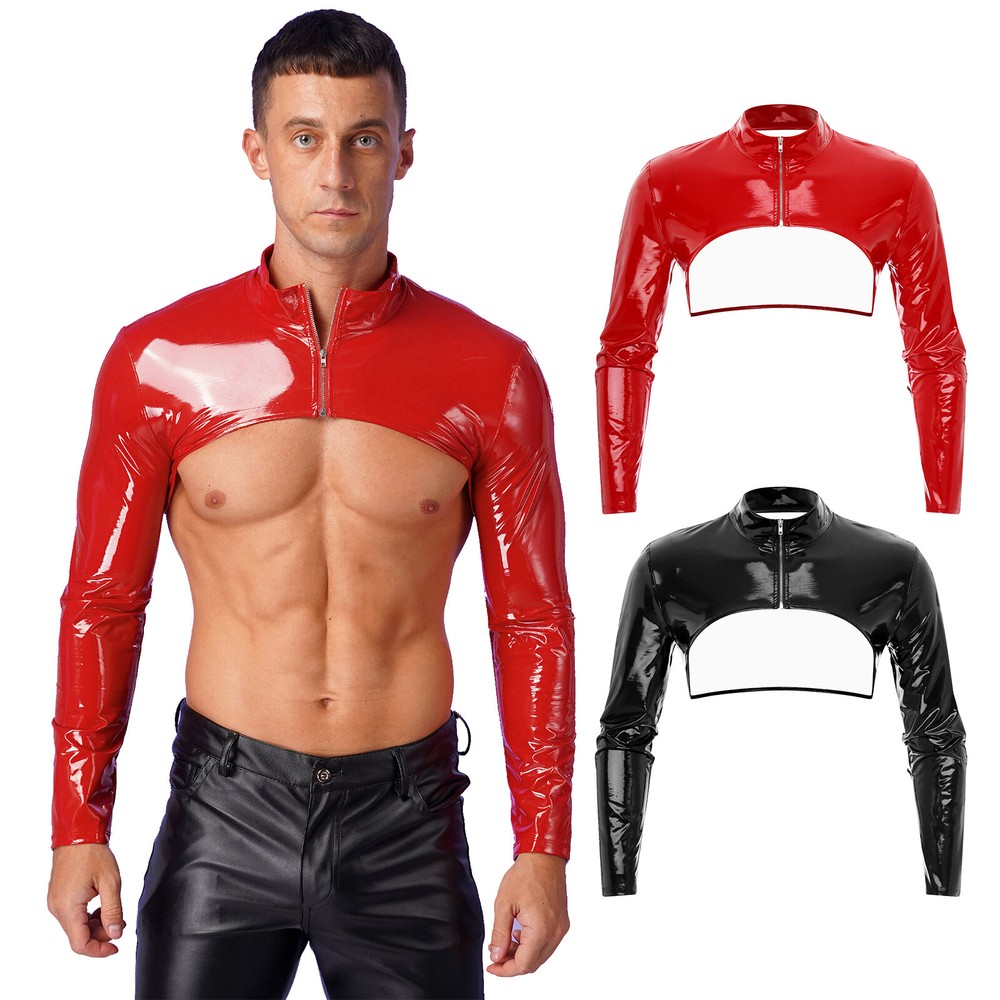 US Mens Shrug Stand Collar Clubwear Long Sleeve Crop Top Patent Leather Slim Top