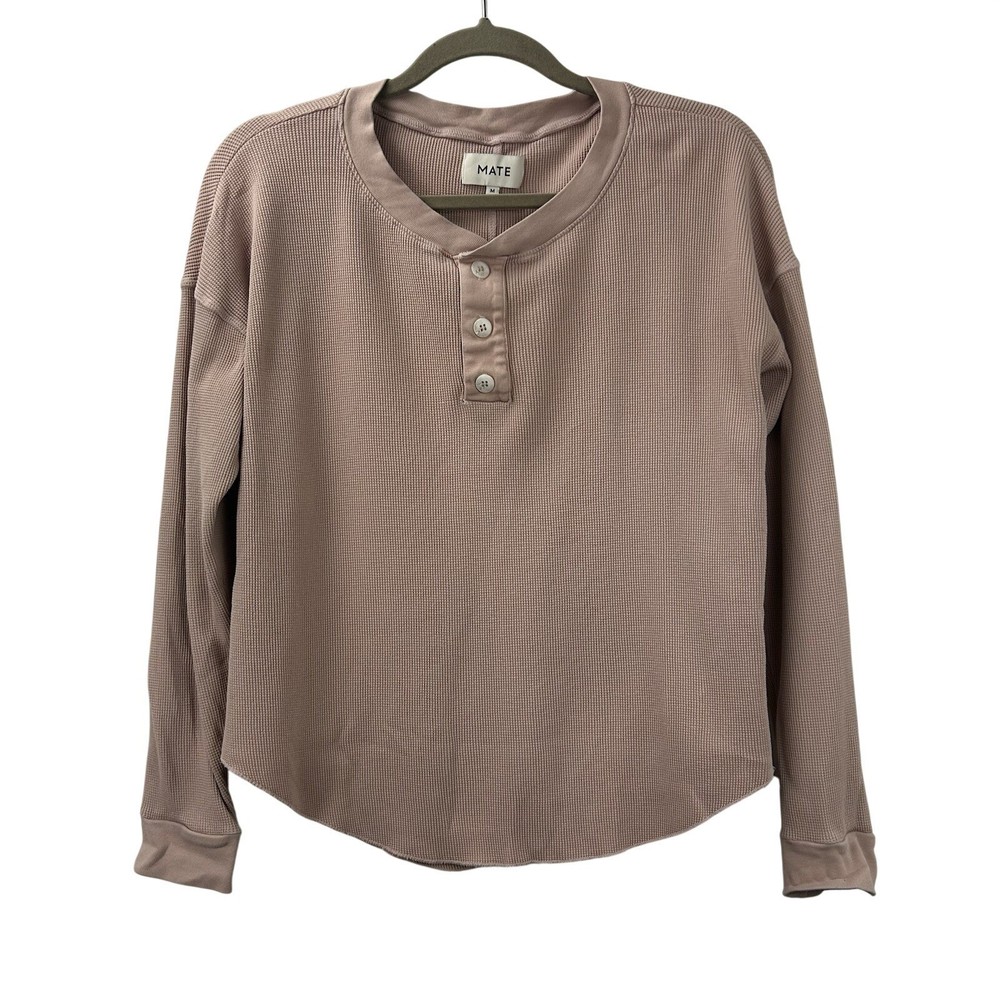 Mate The Label Women’s Sz Medium Pink Waffle Knit Cropped Top Long Sleeve Shirt
