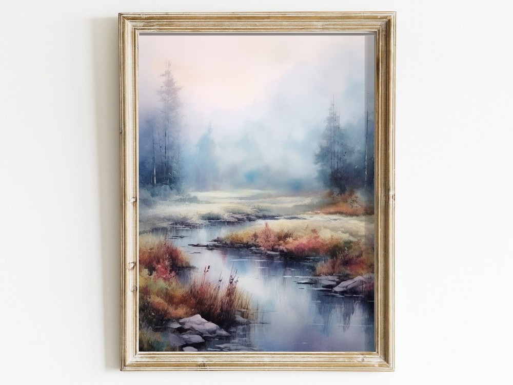 Vintage Forest Painting Rustic Home Decor Watercolor Forest Landscape Wall Art