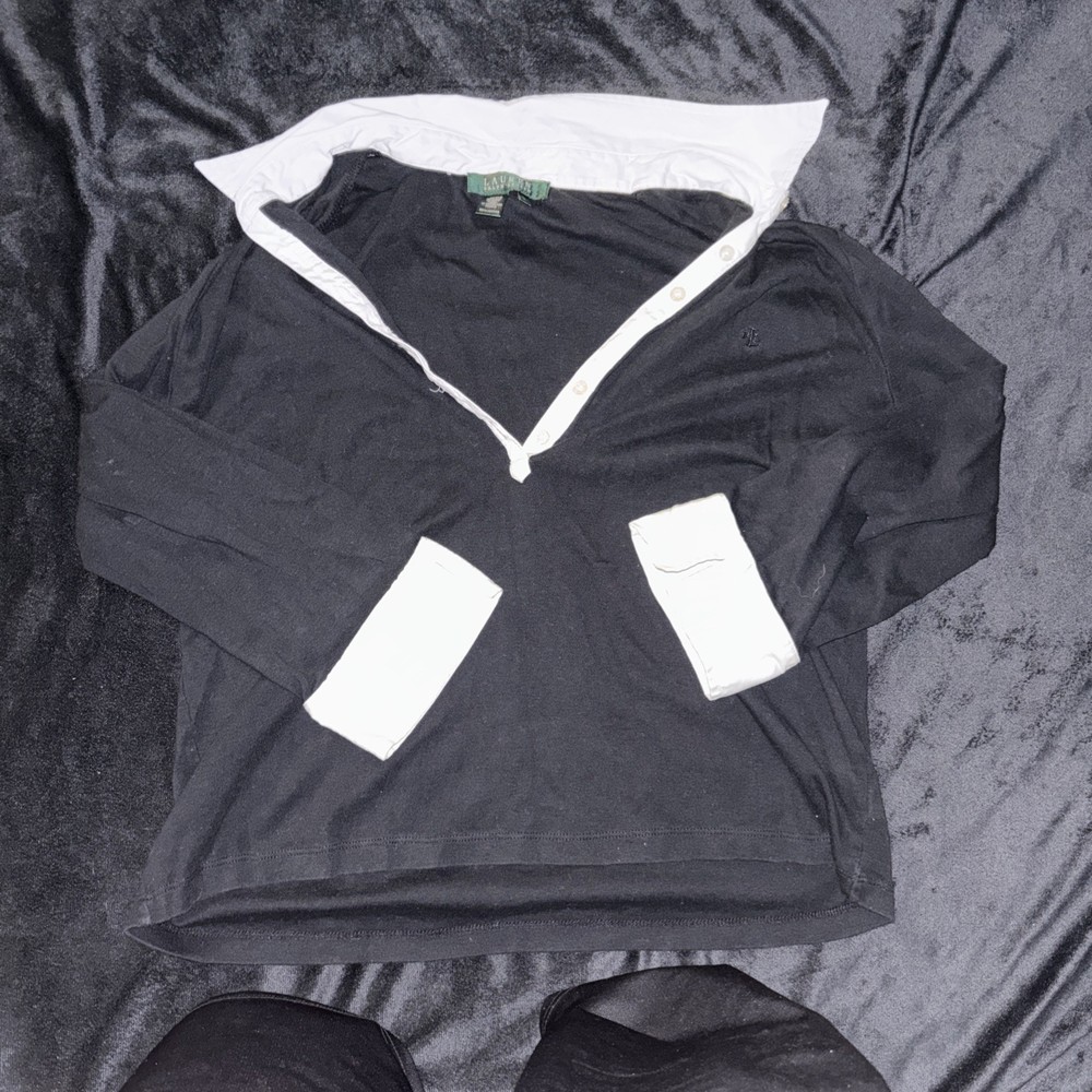 Ralph Lauren black long-sleeve blouse with a white collar and cuffs