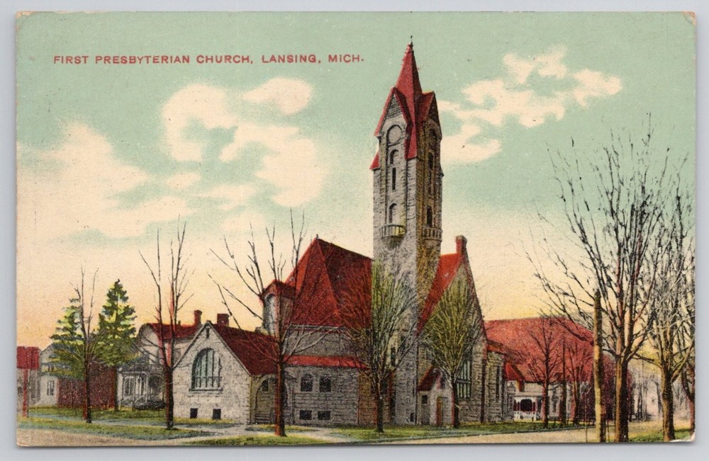 Lansing, Michigan - First Presbyterian Church Postcard - 1900s German Print