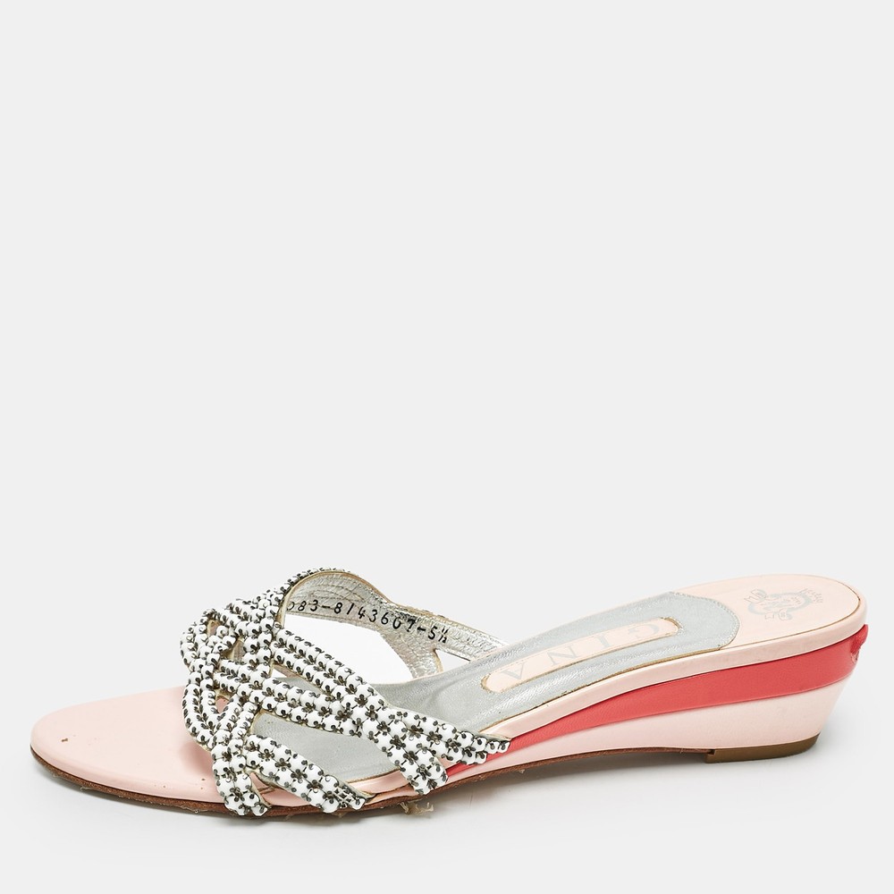 Gina White Silver Leather Sandals with Crystal Embellishments Size 38.5