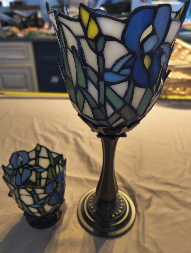 Vintage Partylite Blue Iris Stained Glass Candle Holders