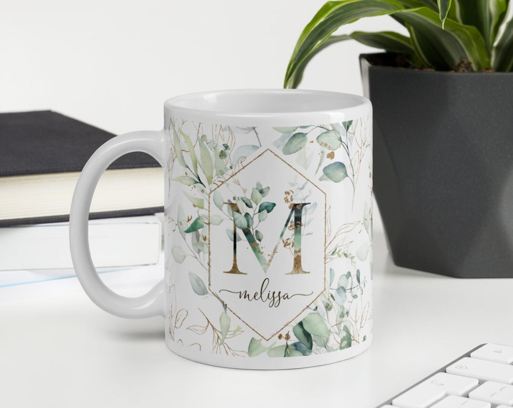 Letter M Mug Initial M Monogram Personalize Gift Floral Alphabet Coffee Tea Cup