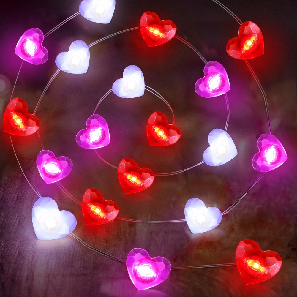 30 LED Valentine's Day Lights 10FT with Timer - Red & Pink Heart String Lights  