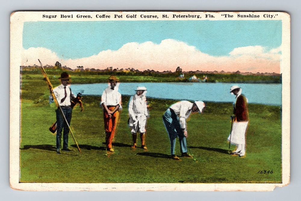St Petersburg FL-Florida Sugar Bowl Coffee Pot Golf Course Vintage Postcard
