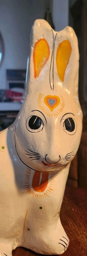 Vtg White PAPER MACHE Folk art Easter Bunny Hand painted  Figure 10” X 8