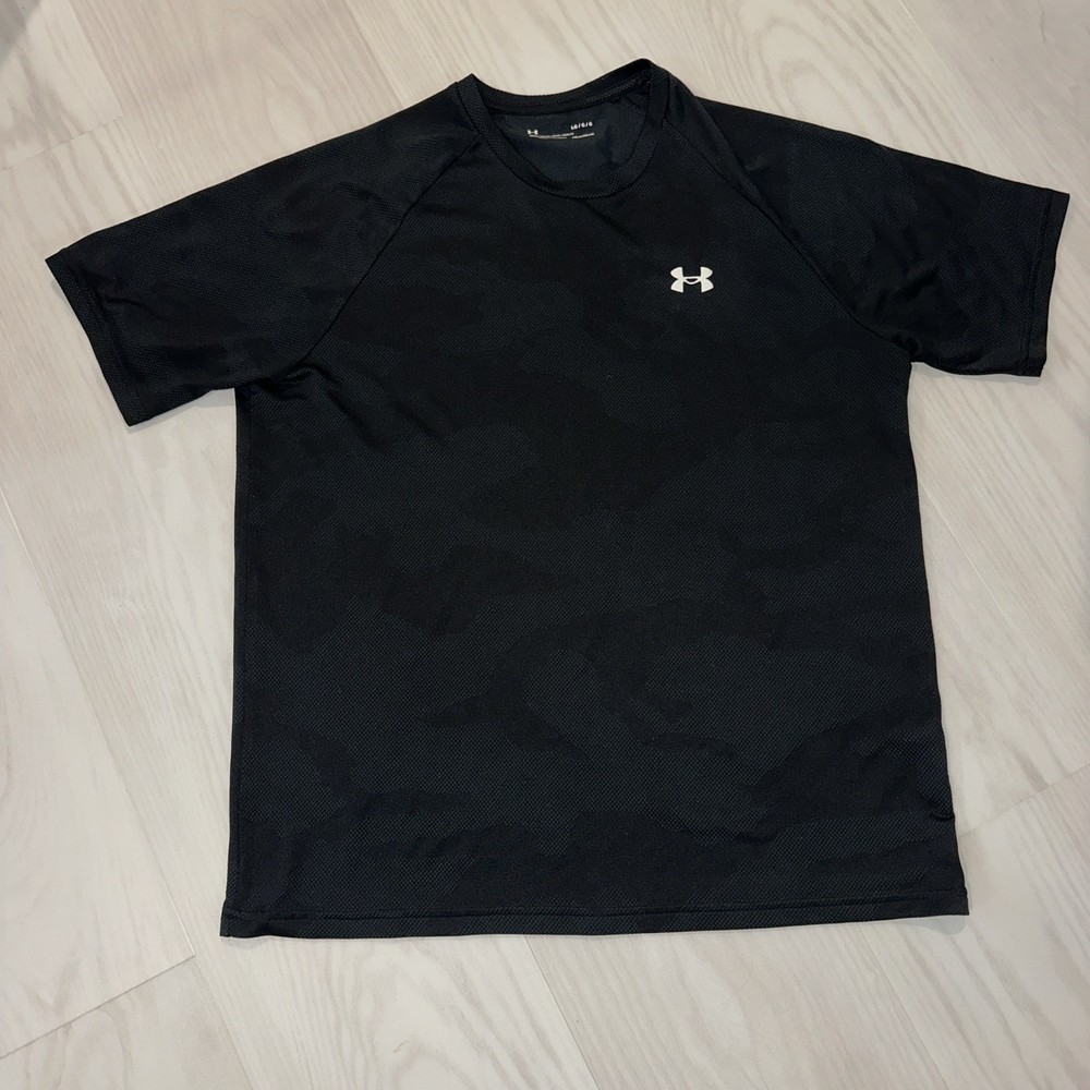 Under Armour Shirt Men’s Large Black Gray HeatGear Fitted Workout Short Sleeve